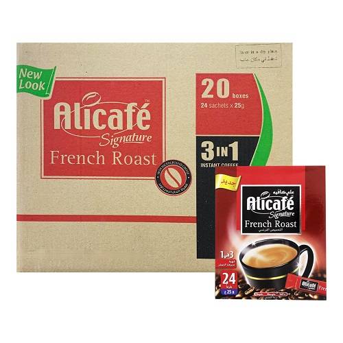 علي كافيه قهوة سريعة الذوبان 3في1 تحميص فرنسي 25جم 24ظرف 20باكيت 1كرتون