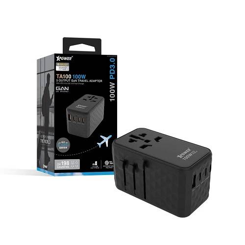 اكس باور تي ايه100 محول طاقة للسفر مع 5منافذ 100واط PD اسود موديل رقم.652-BK