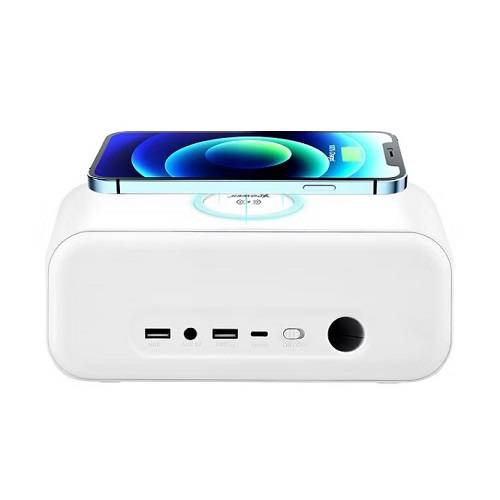 اكس باور كيو اي سي4 ساعة منبه و مكبر صوت بلوتوث مع شاحن لاسلكي 15واط ابيض موديل رقم.XP-ST8-WH