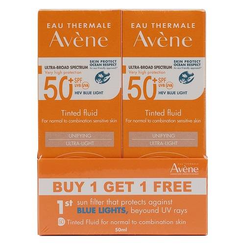 افين سائل ملون للبشرة العادية الى الحساسة بمعامل حماية50+ خال من العطور 50مل 1+1مجانا