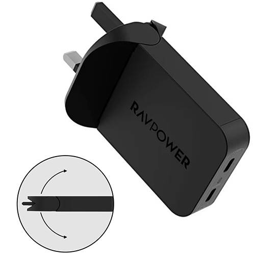 راف باور شاحن حائط جان سليم 65واط بمنفذين USB C اسود موديل رقم.RP-PC1079