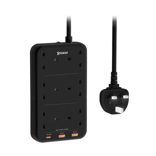 اكس باور مشترك كهربائي 9منافذ بسلك 3م اسود موديل رقم.XP-PS6A-BK