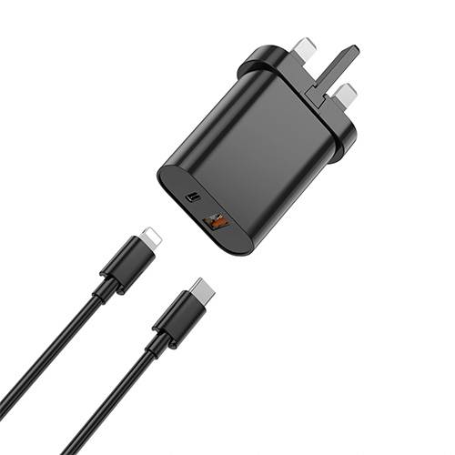 ويوو شاحن سريع بتقنيتي PD وQC مع كابل تايب سي الى لايتننج راس بريطاني اسود