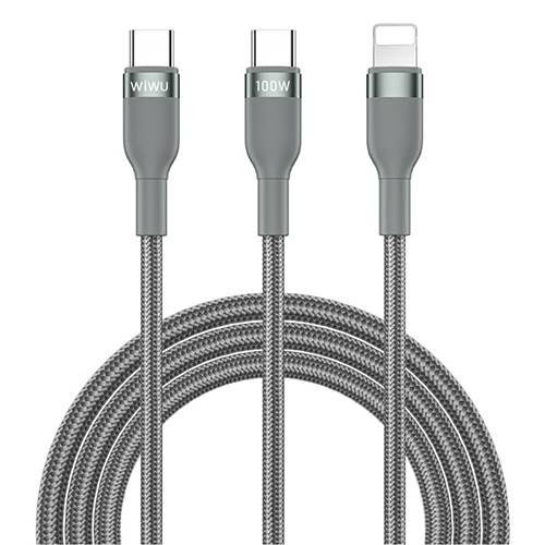 ويوو كابل شحن 2في1 Type C الي Type C ولايتنينج رمادي 100واط 1.2م