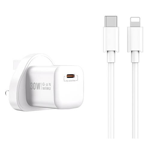 ويوو شاحن سريع بقدرة 30واط بتقنية PD قابس بريطاني مع كابل تايب سي الى لايتننج ابيض