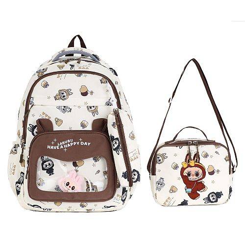 مجموعة العودة الى المدرسة لابوبو 3 قطع جنطة ظهر و مقلمة و شنطة اكل لون كريمي