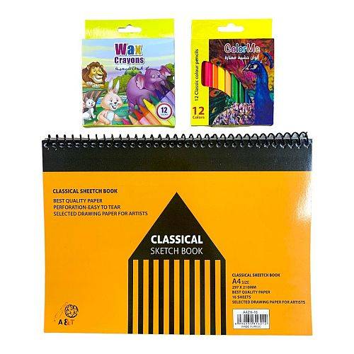 باكيج دفتر رسم حجم اي فور مع اقلام شمعية و خشبية قصيرة 12 لون