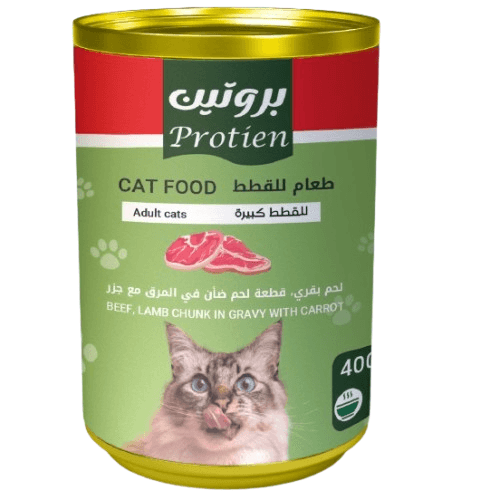 بروتين طعام للقطط البالغة بقطع اللحم البقري مع لحم الضأن مع الجزر في المرق 400جم