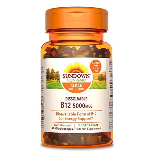 صن داون فيتامين بي12 قابل للذوبان 5000مكجم مكمل غذائي لدعم الطاقة 90قرص استحلاب صغير