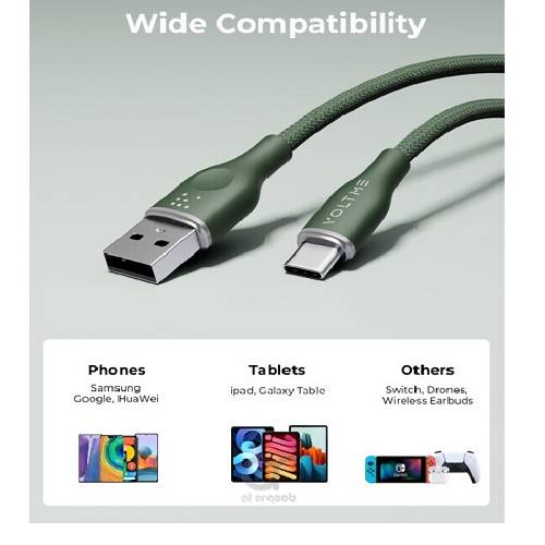 فولتمي باور لينك رووج مزدوج من النايلون USB A الي Type C كابل 3امبير 1م 60واط اخضر رقم.15862
