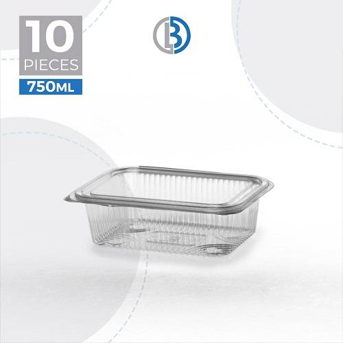 ماعون بلاستيك مستطيل شفاف مضلع مع غطاء مفصلي سعة 750مل 10حبة رقم.531 