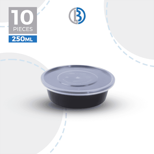 وعاء ميكرويف مدور مع غطاء اسود 10حبة 250مل