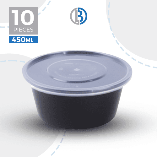 وعاء ميكرويف مدور مع غطاء اسود 10حبة 450مل