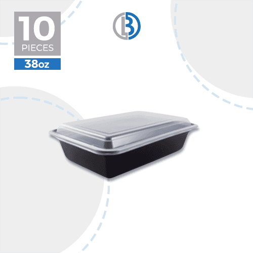 ماعون ميكرويف مستطيل مع غطاء اسود 10حبة 38اونصة موديل رقم.RE-38