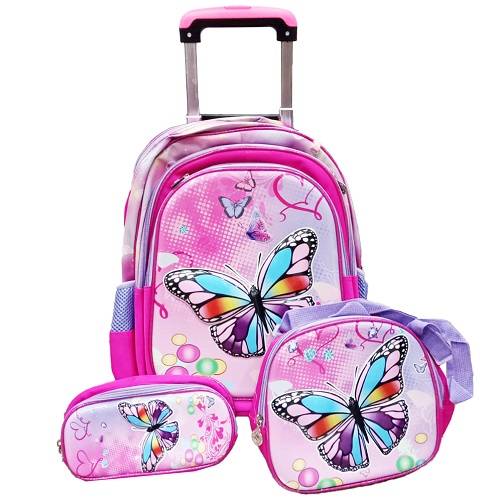 حقيبة مدرسية للبنات وسط ترولى مع لانش بوكس ومقلمة شكل فراشة