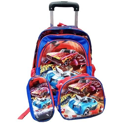 حقيبة مدرسية للاولاد وسط ترولى مع لانش بوكس ومقلمة شكل سيارة سباق