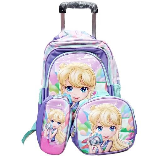 حقيبة مدرسية للبنات وسط ترولى مع لانش بوكس ومقلمة شكل فتاة جميلة