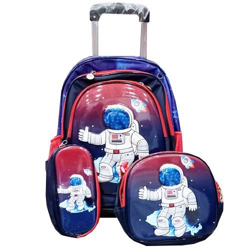 حقيبة مدرسية للاولاد وسط ترولى مع لانش بوكس ومقلمة شكل رجل فضائى