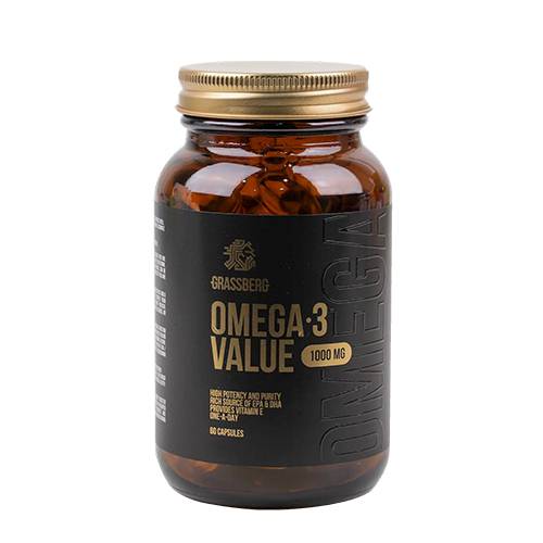 جراسبيرج اوميجا 3 فاليو 1000مجم بتركيز ونقاء عالي مع فيتامين هـ 60كبسولة