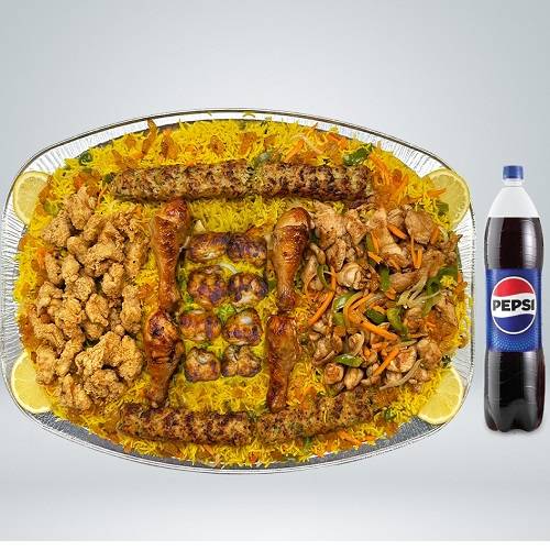 وجبة مشويات عائلية مع ارز