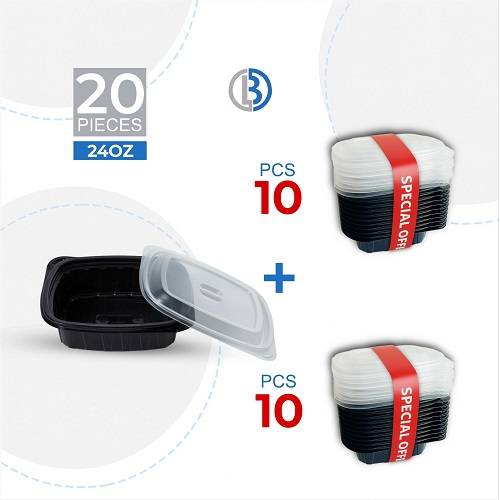 ماعون ميكرويف مستطيل اللون الأسود مع غطاء شد 10+10حبة موديل رقم.PP-24OZ 