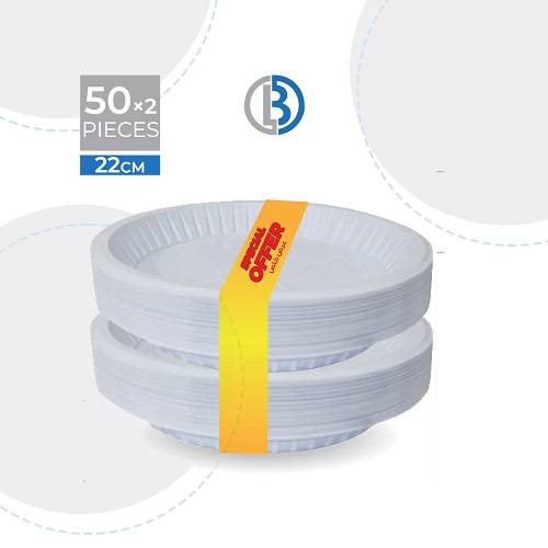 صحن بلاستيك مدور أبيض مقاسP22 عرض 50حبة و50حبة مجانا