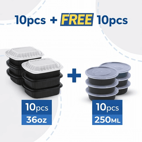 وعاء ميكرويف مدور مع غطاء 10قطع + ماعون ميكرويف دون تقسيمة مع غطاء اسود 10قطع مجانا