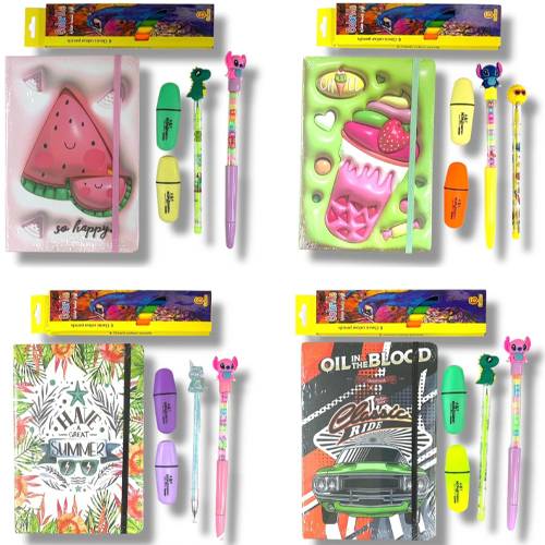 مجموعة اطلس دفتر و ٢ فسفوري و قلم رصاص و قلم حبر و ٦ الوان خشبية موديلات متنوعة