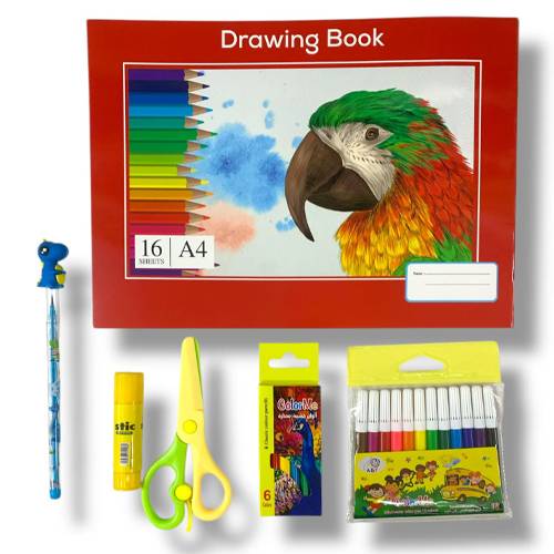 مجموعة اطلس دفتر رسم قلم رصاص صمغ مقص الوان خشبية 6 لون و الوان شينية 12 لون