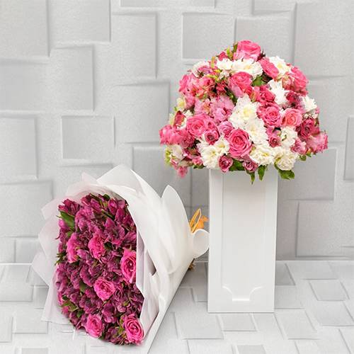 ديكور خشب ابيض مع ورود ملونة + بوكيه ميكس مجانا