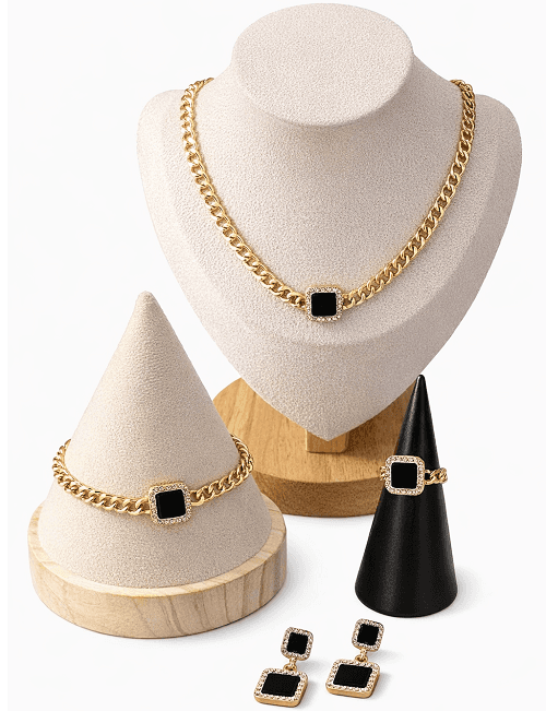 مجموعة اكسسوارات 5قطع سلسة وسوار واقراط وخاتم اسود