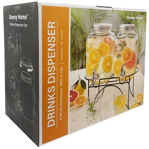 داني هوم برطمان زجاج بصنبور للعصير مع استاند 4لتر 2حبة رقم.WT-J11