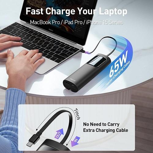 اي ووك تانكر باوربانك PD مع كابل مدمج شاحن سريع ثنائي الاتجاه 65واط 20000مللي امبير اسود موديل رقم.HBT001-001A