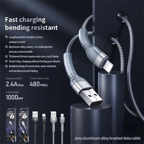 ريمكس كابل سبيكة الالومنيوم مع تصميم مضفر USB الى لايتنينج اسود موديل رقم.RC-124iB