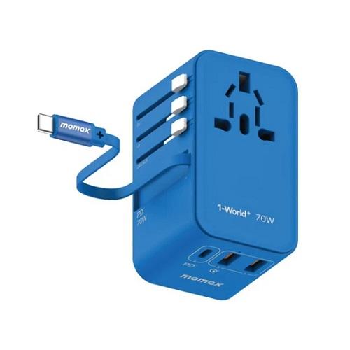 موماكس 1ورلد+ 70واط ب3منافذ مع كابل USB C مدمج و محول تيار متردد للسفر ازرق