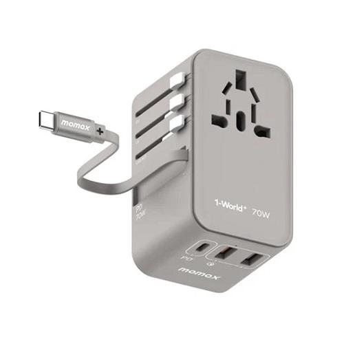 موماكس 1ورلد+ 70واط ب3منافذ مع كابل USB C مدمج و محول تيار متردد للسفر رمادي