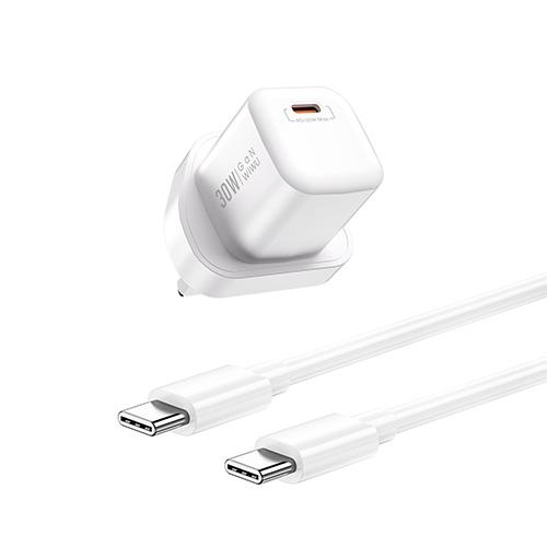 ويوو شاحن سريع بقدرة 30واط بتقنية PD قابس بريطاني مع كابل تايب سي الى تايب سي ابيض