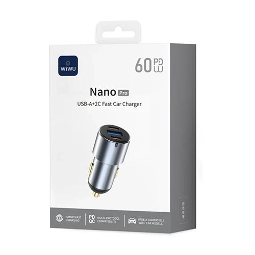 ويوو نانو برو شاحن سيارة سريع USB and 2Type C بقدرة 60واط رمادي