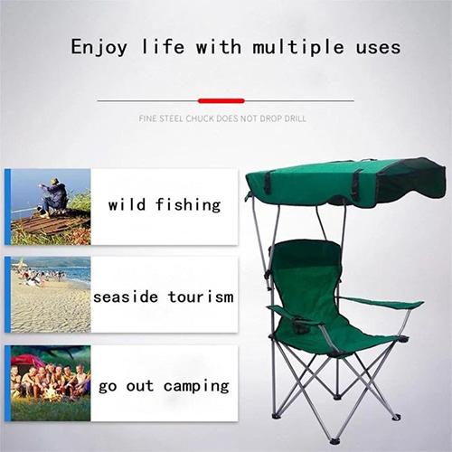 كرسي شاطئ قابل للطي مع قاعدة اكواب ومظلة اللون اخضر