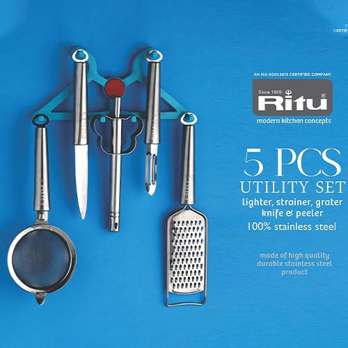 ريتو مجموعة ادوات المطبخ ولاعة غاز وسكين ومقشرة ومصفاة ومقشرة 5قطع موديل رقم.AP099