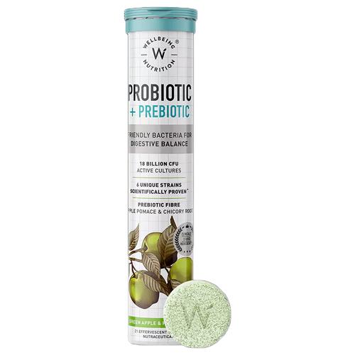 ويل بيينج نيوتريشن بروبيوتيك + بريبيوتيك اقراص فوارة لدعم صحة الامعاء بالتفاح الاخضر والنعناع 21قرص فوار