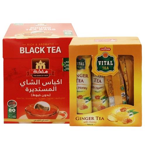 ملكة شاي كيني اسود 3جم 80كيس + فيتال شاي الزنجبيل بالعسل 8جم 10كيس