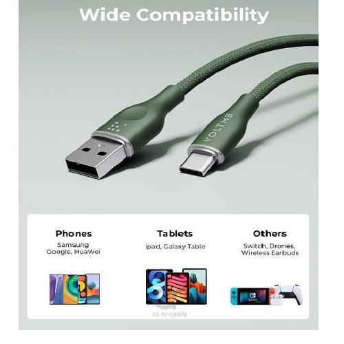 فولتمي باور لينك رووج مزدوج من النايلون USB A الي Type C كابل 3امبير 1م 60واط اخضر رقم.15862