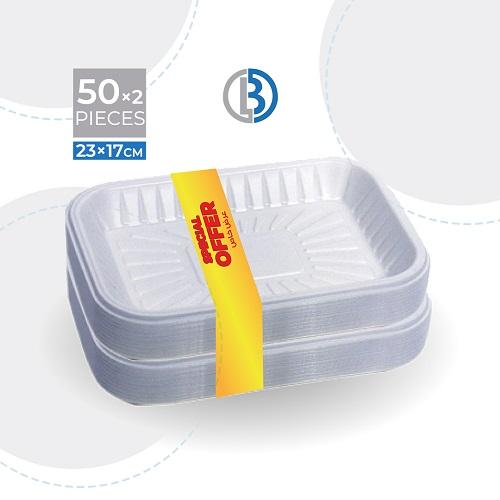صحن بلاستيك مستطيل أبيض مقاسT3 عرض 50حبة و50حبة مجانا
