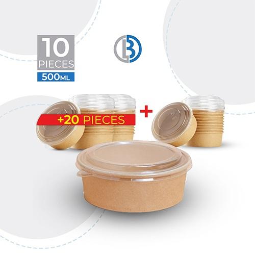 عبوة مدورة من ورق الكرافت مع غطاء شفاف حراري  20حبة و 10حبة مجانا 500مل