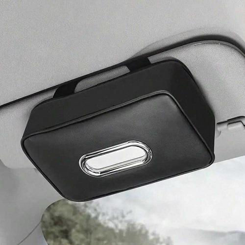 علبة مناديل جلد للسيارة لون اسود