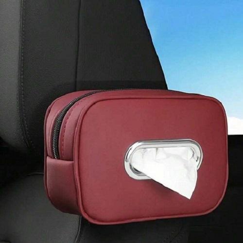 علبة مناديل جلد للسيارة لون احمر